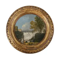 The weir on the po (figures by a waterfall) by Richard Wilson, Oil on canvas, tondo, sold Jul 2025