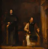 Henry warden brought before father eustace by David Wilkie, Oil on panel Indistinctly signed, sold Jul 2025