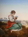 La jeune romaine au bouquet de fleurs by Dominique Papety, Oil on board, sold Jul 2025