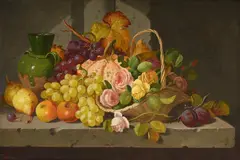 Still life with a basket of fruit and flowers by Charles Thomas Bale, Oil on canvas, sold Jul 2025