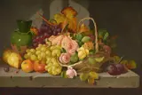 Still life with a basket of fruit and flowers by Charles Thomas Bale, Oil on canvas, sold Jul 2025