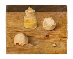 Still life with broken egg by Maxwell Armfield, Tempera on board, sold Jul 2025