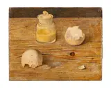 Still life with broken egg by Maxwell Armfield, Tempera on board, sold Jul 2025