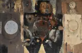 Figure with attendants by George Cohen, 1953, Oil and collage on canvas, sold Jul 2025