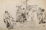 Possibly a study for the banquet at milnwood by David Wilkie, Pen and brown ink and pencil Variously inscribed and dated 'May, sold Jul 2025