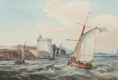 Shipping off a coastal fort by Samuel Owen, Watercolour, sold Jul 2025