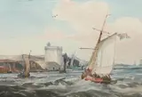 Shipping off a coastal fort by Samuel Owen, Watercolour, sold Jul 2025