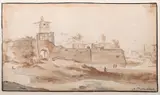 Walls of a city, possibly latinum by Bartholomeus Breenbergh, Pen and brown ink, with brown and grey wash over black chalk Later inscribed, sold Jul 2025