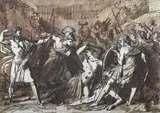 Ulysses killing the suitors of penelope by Antoine-Jean Gros, Pen and brown ink, black chalk, brown and grey wash, heightened with white, sold Jul 2025