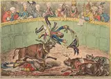 The spanish bull fight or the corsican matador in danger by James Gillray, Etching with original hand-colouring Published by Humphrey, London, sold Jul 2025