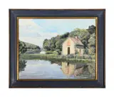 Riverscape with cottage by Guy Lester, Oil on canvas, sold Jun 2025