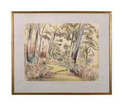 La serena villa, garden view, cap ferrat by David Rolt, 1957, Watercolour and ink, sold Jun 2025