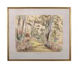 La serena villa, garden view, cap ferrat by David Rolt, 1957, Watercolour and ink, sold Jun 2025