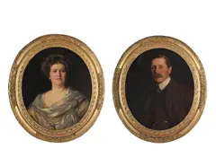 Portrait of philip tatton davies-cooke; and portrait of mrs. davies by Richard Jack, Oil on canvas, oval, a pair Both signed and dated '1908', sold Jun 2025