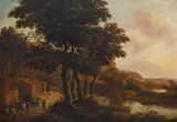 River landscape with travellers crossing a bridge by Pieter van Asch, Oil on panel, sold Jun 2025