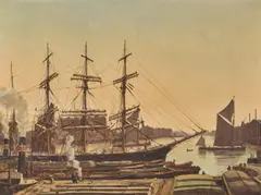 Pool of london at dawn by Claude Muncaster, Oil on canvas, offered Aug 2026