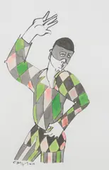 Harlequin with Hand Raised by Geoffrey Key, ink and watercolour on paper, offered Aug 2026