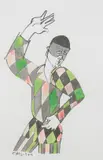 Harlequin with Hand Raised by Geoffrey Key, ink and watercolour on paper, offered Aug 2026