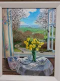Daffodils by an open window by Stephen Darbishire, oil on board, sold Aug 2026