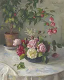 Roser og fuxia by Frida Hoeck Rusti, 1946, Olje på plate, sold Oct 2026