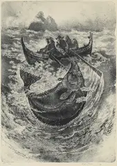 Og fire de kara i andøving satt by Karl Erik Harr, 1973, Litografi, sold Oct 2026