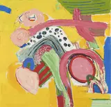 Velkommen i det gule by Kjell Pahr-Iversen, 1968, Olje på lerret, sold Oct 2026