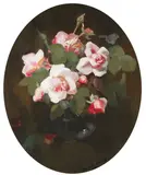 Pink roses by Stuart Park, oil on canvas, oval, sold May 2014