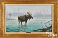 figure hunting a moose by Gregory Perillo, oil on canvas, sold Oct 2026