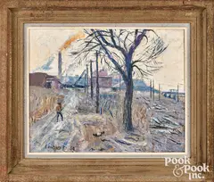 Gray Day Pennsylvania Railroad Yards by Emerson Burkhart, oil on board, sold Oct 2026