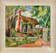 Southern scene with shack and African American family by Alberta Kinsey, oil on board, sold Oct 2026