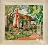 Southern scene with shack and African American family by Alberta Kinsey, oil on board, sold Oct 2026
