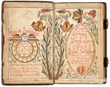 fraktur double-page bookplate for his nephew Jacob Latschaw b. by Abraham Latschaw, 1810, ink and watercolor, sold Oct 2026