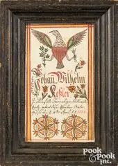 fraktur bookplate by Johann Adam Eyer, ink and watercolor, sold Oct 2026