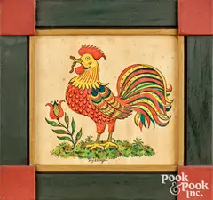 fraktur with rooster by David Y. Ellinger, watercolor, sold Oct 2026
