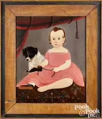 folk portrait of a child and dog by Sturtevant J. Hamblin, oil on canvas, sold Oct 2026