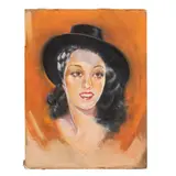 Untitled by Frank Follmer, Pastel on board, Portrait of a Lady in a Headscarf and Fedora, circa 1930's, offered Aug 2023