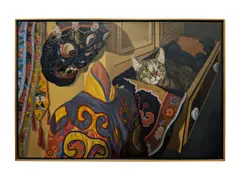 Cat and mask by Jack Beal, oil on canvas, sold Nov 2018
