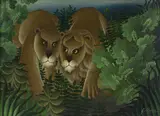 Lion and Lioness by Gustavo Novoa, oil on board, sold Feb 2019