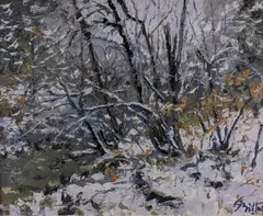 Winter Stream by Pierre Bittar, oil on canvas, sold Feb 2019
