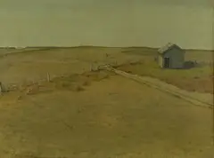 Untitled (open field and house) by Donald Wynn, oil on canvas, sold Feb 2019
