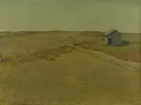 Untitled (open field and house) by Donald Wynn, oil on canvas, sold Feb 2019