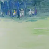 Paddock at Longchamp by LeRoy Neiman, watercolor, sold Feb 2019