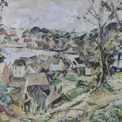 Untitled (seaside village) by William Meyerowitz, oil and graphite on canvas over board, sold Feb 2019