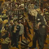 Untitled (Wall street scene) by Frank Robbins, oil on canvas, sold Feb 2019