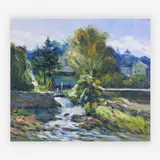 Untitled (Village river) by Malva, oil on canvas (unstretched), sold Jul 2019