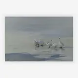 Swans on frozen pond by George Edward Lodge, watercolor & gouache, sold Jul 2019