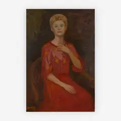 Portrait of a woman in red by Arbit Blatas, oil on canvas, sold Jul 2019