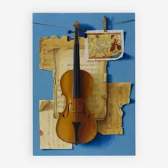 Nature Morte: Music & Violin by D. Noga, oil on panel, sold Jul 2019