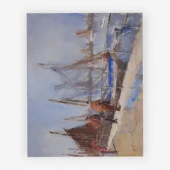 Untitled (Men at harbor) by Pál Fried, oil on canvas (unstretched), sold Jul 2019