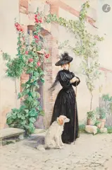 Élégante au chien by Madeleine Lemaire, Aquarelle, sold Apr 2026